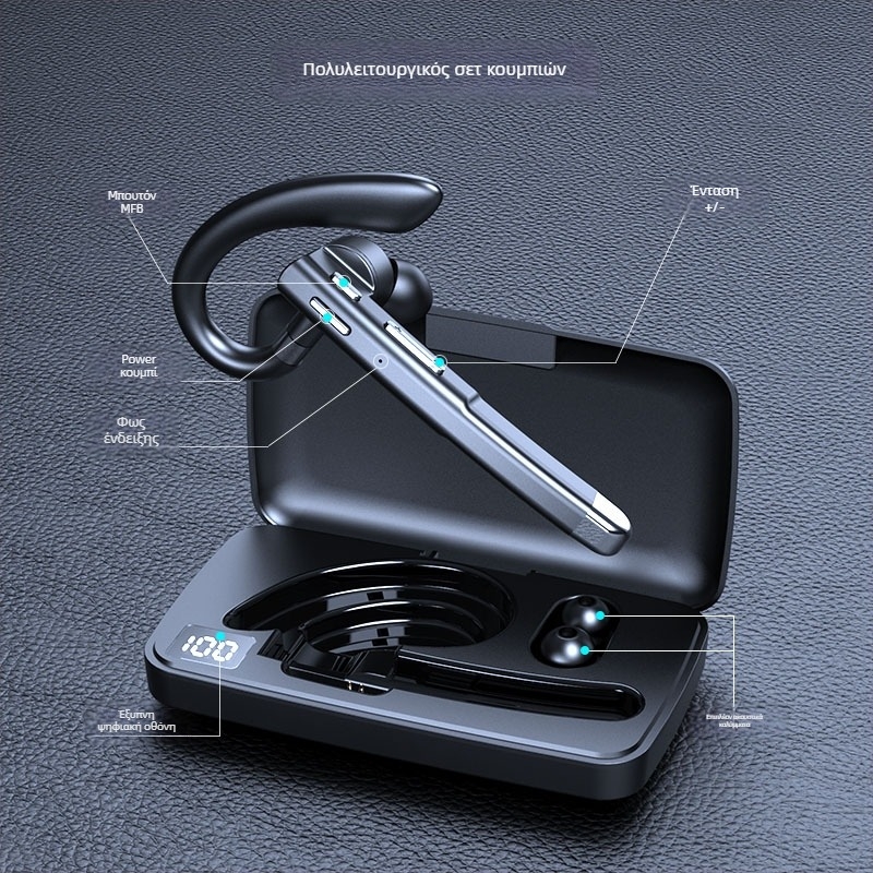 Ασύρματα ακουστικά με κράτημα στο αυτί και ψηφιακή οθόνη, Bluetooth 5.3, εμβέλεια 10 μ, μονοφωνικά, IPX7, διάρκεια μπαταρίας πάνω από 8 ώρες