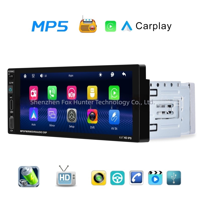 MP5 αυτοκινητό πολυμέσος player 6288C με ενσύρματο CarPlay και Bluetooth, 12–24V DC, υποστήριξη SD κάρτας, LED οθόνη, μορφές βίντεο AVI/RMVB/MP4/MKV