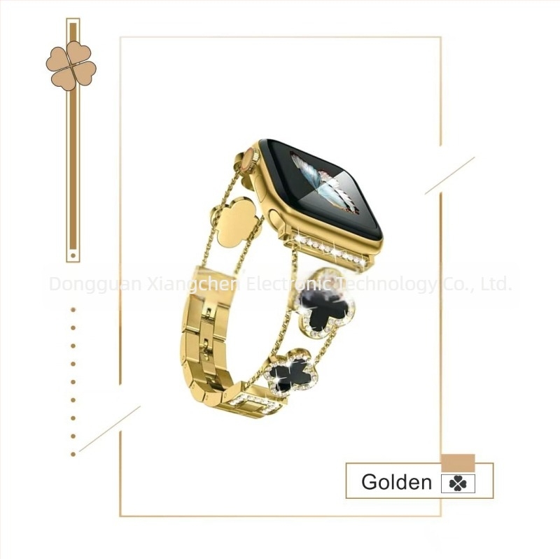 Μεταλλικός ιμάντας ρολογιού για Apple iWatch με μοτίβο τετράφυλλου clover με διαμάντια; Συμβατός με Apple, Universal και Huawei; κούμπωμα με κουμπί snap; κυκλοφόρησε το 2024