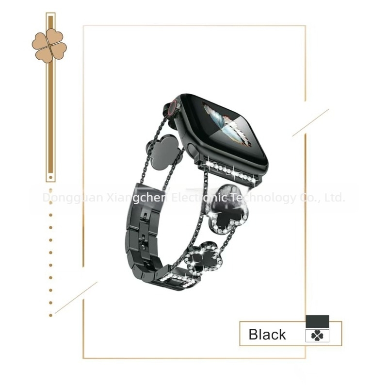 Μεταλλικός ιμάντας ρολογιού για Apple iWatch με μοτίβο τετράφυλλου clover με διαμάντια; Συμβατός με Apple, Universal και Huawei; κούμπωμα με κουμπί snap; κυκλοφόρησε το 2024