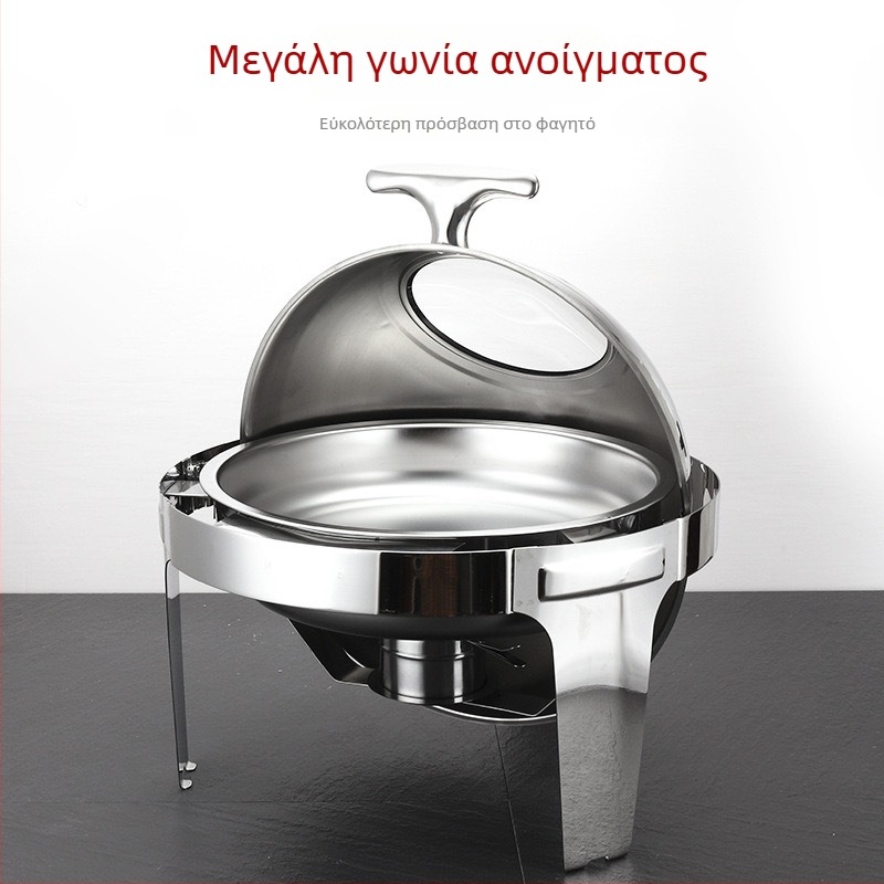 Ανοξείδωτος κυκλικός φούρνος μπουφέ με οπτικό άνοιγμα καπακιού και υδραυλική άνοδο, τετράποδη αυτοεξυπηρέτηση, ηλεκτρική ή αλκοολική θέρμανση, μοντέλο πολυτελείας ξενοδοχείου, δυνατότητα εκτύπωσης λογοτύπου