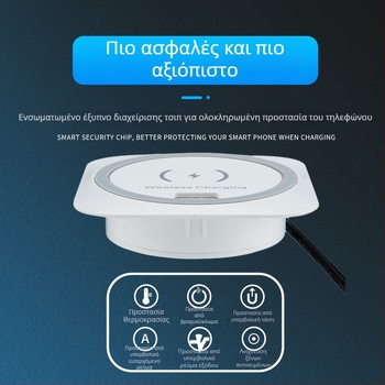 Ενσωματωμένος ασύρματος φορτιστής γραφείου με θύρες USB-A και USB-C, Qi 15W, οπή τοποθέτησης 60 mm, γρήγορη φόρτιση QC3.0
