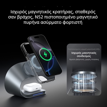 Ασύρματος φορτιστής με ψύξη ημιαγωγών, 3-σε-1 μαγνητική βάση, 15W ασύρματη φόρτιση, PD γρήγορη φόρτιση, συνολική ισχύς 33W