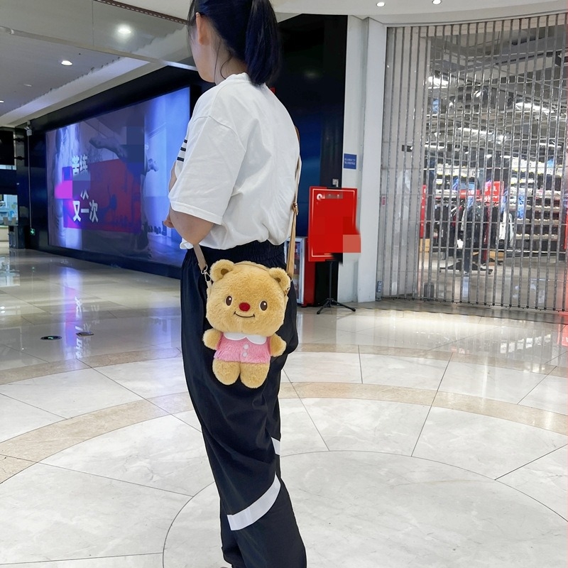 Παιδικό σακίδιο από βελούδο με σχέδιο αρκούδας, εξωτερική θήκη για κινητό, πολυεστερική επένδυση, καλοκαίρι 2024