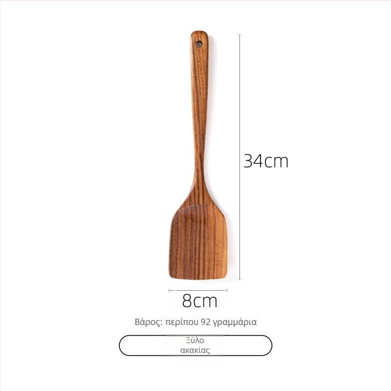 Σετ κουτάλι και σπατούλα από ακακίας ξύλο για αντικολλητικά τηγάνια, ανθεκτικό σε υψηλές θερμοκρασίες, προστασία από εγκαύματα, σχέδιο με γάντζο, με ξύλινες λαβές