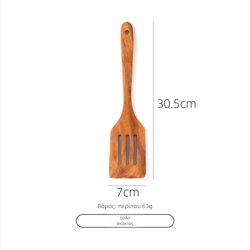 Σετ κουτάλι και σπατούλα από ακακίας ξύλο για αντικολλητικά τηγάνια, ανθεκτικό σε υψηλές θερμοκρασίες, προστασία από εγκαύματα, σχέδιο με γάντζο, με ξύλινες λαβές
