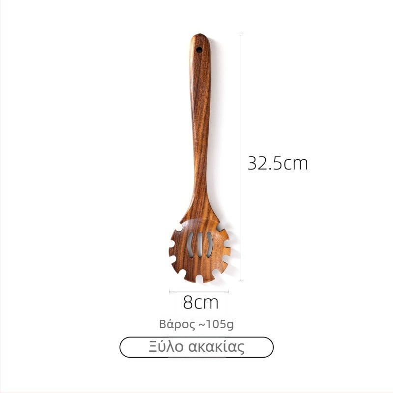 Σετ κουτάλι και σπατούλα από ακακίας ξύλο για αντικολλητικά τηγάνια, ανθεκτικό σε υψηλές θερμοκρασίες, προστασία από εγκαύματα, σχέδιο με γάντζο, με ξύλινες λαβές
