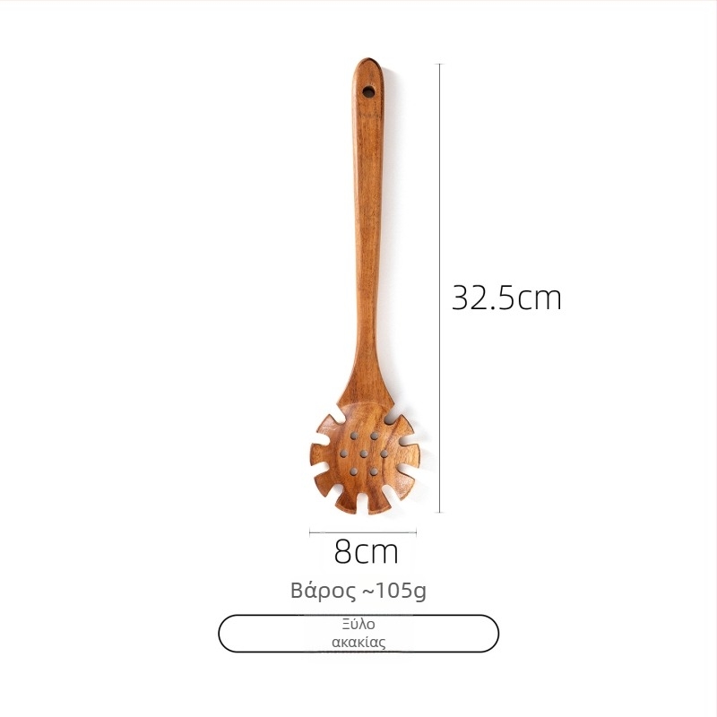 Σετ κουτάλι και σπατούλα από ακακίας ξύλο για αντικολλητικά τηγάνια, ανθεκτικό σε υψηλές θερμοκρασίες, προστασία από εγκαύματα, σχέδιο με γάντζο, με ξύλινες λαβές