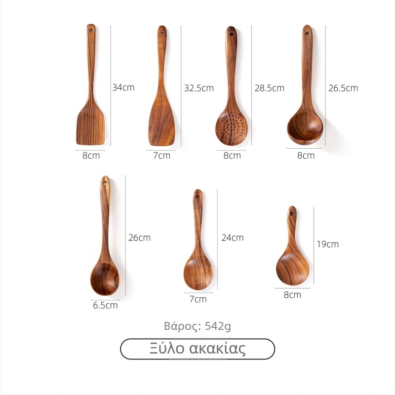 Σετ κουτάλι και σπατούλα από ακακίας ξύλο για αντικολλητικά τηγάνια, ανθεκτικό σε υψηλές θερμοκρασίες, προστασία από εγκαύματα, σχέδιο με γάντζο, με ξύλινες λαβές