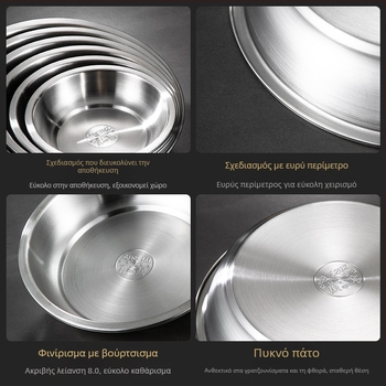 316L ανοξείδωτος χάλυβας – κυκλικό πιάτο φαγητού, τροφίμου ποιότητας, με βουρτσισμένη επιφάνεια, μοντέρνος μινιμαλιστικός σχεδιασμός