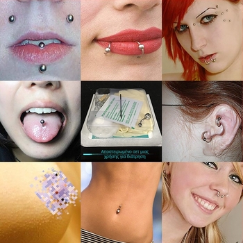 Σετ εργαλείων piercing μίας χρήσης — μεταλλικό, με λίθους σε γεωμετρικό σχέδιο; unisex, σε ατομική συσκευασία, δυνατότητα προσαρμογής