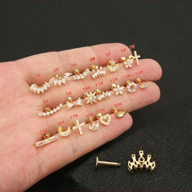 Luo Chen Κορώνα σκουλαρίκια piercing, Χαλκός, Ζιρκόν, 18Κ Χρυσός, Επεξεργασία Διαμαντιού, Unisex