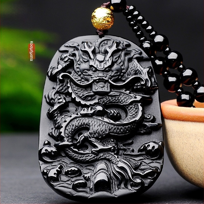 Κολιέ με κρεμαστό δράκο από οψιδιαν - Μεσαιωνικό στυλ, GS021 Obsidian Dragon, Super God Jewelry
