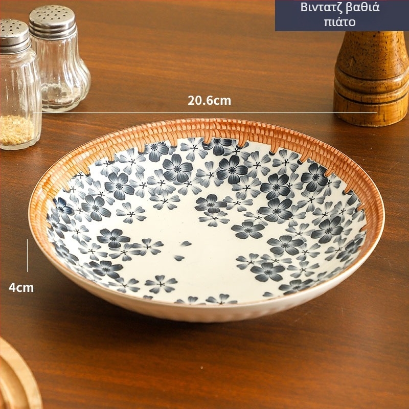Πορσελάνινο πιάτο με μοτίβο φυτών και λουλουδιών, επιφάνεια με υπό γλάσωση χρώματος, ρετρό στυλ ελαφριάς πολυτέλειας, κατάλληλο για φούρνο μικροκυμάτων