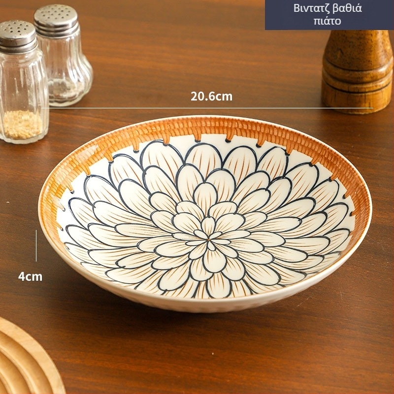 Πορσελάνινο πιάτο με μοτίβο φυτών και λουλουδιών, επιφάνεια με υπό γλάσωση χρώματος, ρετρό στυλ ελαφριάς πολυτέλειας, κατάλληλο για φούρνο μικροκυμάτων