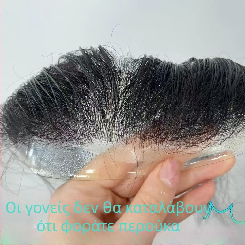 Ανδρική περούκα με μπροστινά φράντζα, φυσική γραμμή μαλλιών, πλήρως χειροποίητη, κοντό μήκος, πραγματικά μαλλιά