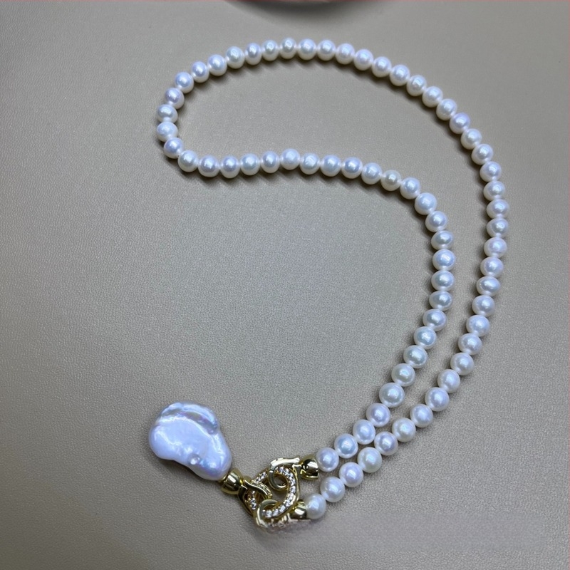 Κολιέ με μενταγιόν από φυσικά μαργαριάρια γλυκού νερού, μαργαριριού με σχήμα κοντά στον κύκλο, εξαρτήματα από κράμα, απλό γυναικείο στυλ