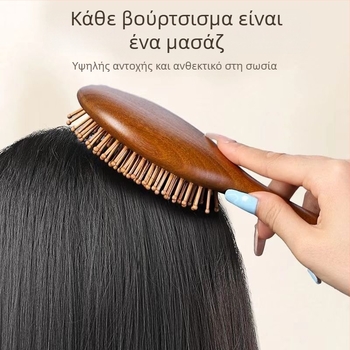 Ξύλινη χτένα από σανδαλόξυλο, ελλειπτικού σχήματος με μαξιλαράκι αερόσφυξης για μασάζ τριχωτού της κεφαλής και περιποίηση μαλλιών, φορητή