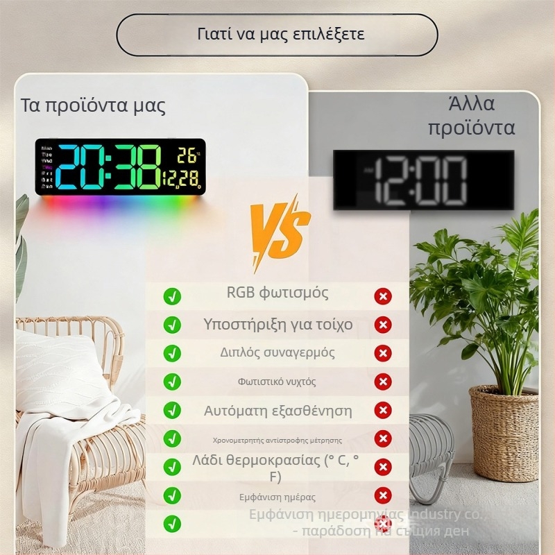 Ρολόι τοίχου με LED αριθμούς, ηλεκτρονική κίνηση, εξωτερική τροφοδοσία, ξυπνητήρι, διαρκές ημερολόγιο