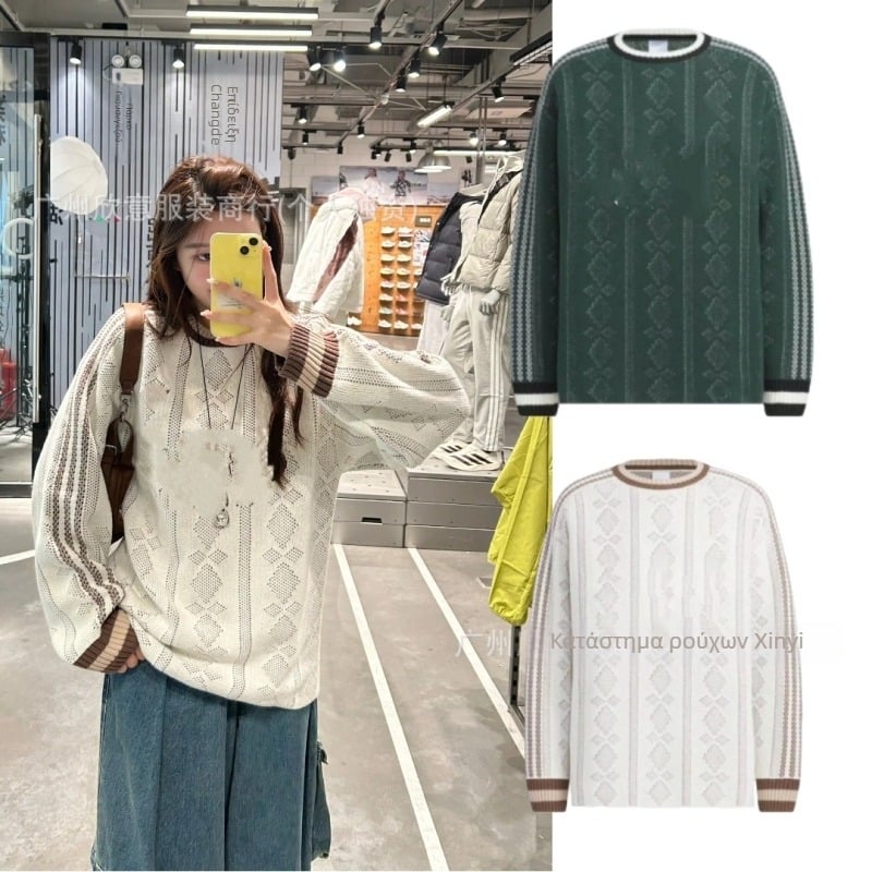 Χαλαρό πλεκτό με κουκούλα και Jacquard κέντημα – παχύ μαλλί 81–85%, στρογγυλός λαιμός, unisex, φθινοπωρο-χειμώνας 2025