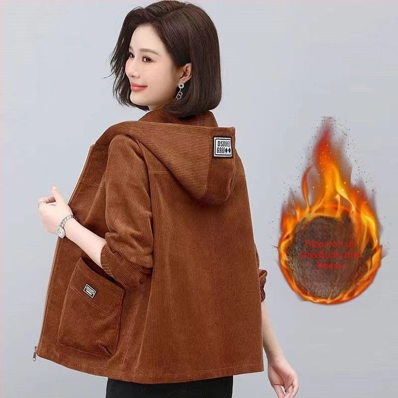 Γυναικείο μπουφάν με fleece επένδυση και κουκούλα για ώριμες γυναίκες, casual κοντό μπουφάν με 3/4 μανίκια, λογοτεχνικό ρετρό στυλ, PVC ύφασμα