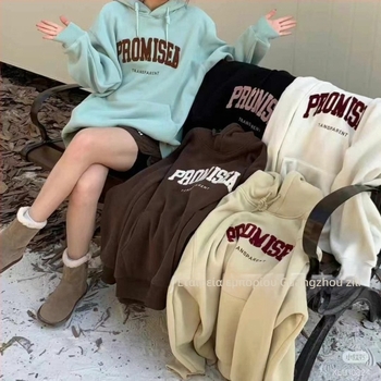 Πουλόβερ φούτερ με κουκούλα από φλίς, χοντρή επένδυση, vintage αμερικανικού στυλ, τύπωμα με γράμματα από αφρό; ύφασμα από βαμβάκι-ελαστάν.