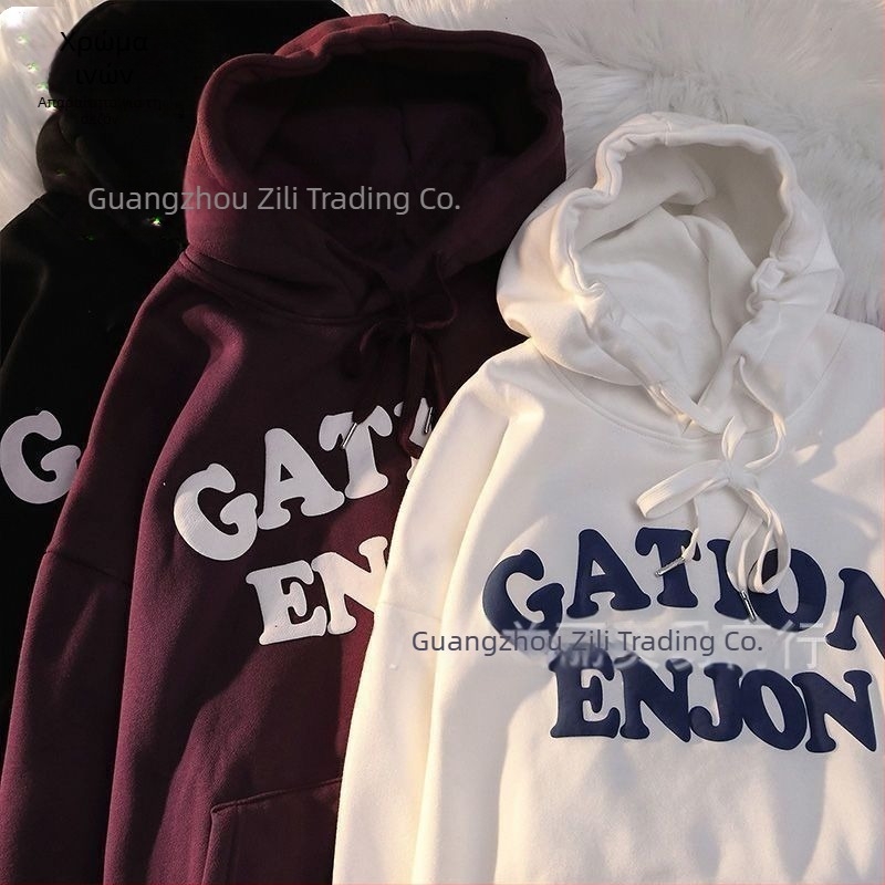 Πουλόβερ φούτερ με κουκούλα από φλίς, χοντρή επένδυση, vintage αμερικανικού στυλ, τύπωμα με γράμματα από αφρό; ύφασμα από βαμβάκι-ελαστάν.