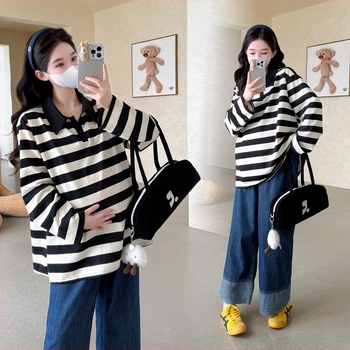 Τοπ εγκυμοσύνης με ριγέ μακριά μανίκια και πέτο γιακά, βαμβακερό ύφασμα, φθινόπωρο 2025, κινεζικά εμπνευσμένο στυλ ρετρό λογοτεχνικό