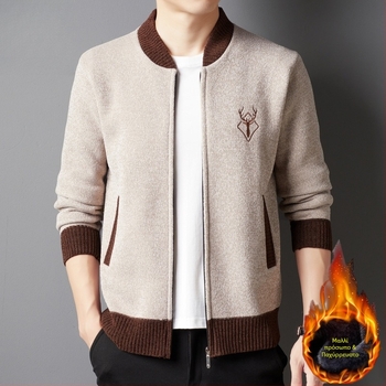 Ανδρικό chenille cardigan-jacket με επένδυση φλίς, παχύ πλεκτό, γιακά μπέϊζμπολ, πλαϊνά τσέπες