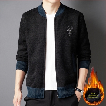 Ανδρικό chenille cardigan-jacket με επένδυση φλίς, παχύ πλεκτό, γιακά μπέϊζμπολ, πλαϊνά τσέπες