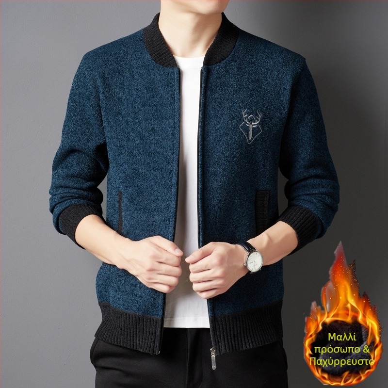 Ανδρικό chenille cardigan-jacket με επένδυση φλίς, παχύ πλεκτό, γιακά μπέϊζμπολ, πλαϊνά τσέπες