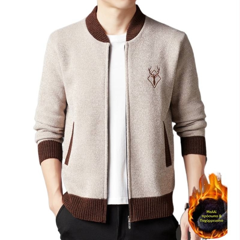 Ανδρικό chenille cardigan-jacket με επένδυση φλίς, παχύ πλεκτό, γιακά μπέϊζμπολ, πλαϊνά τσέπες