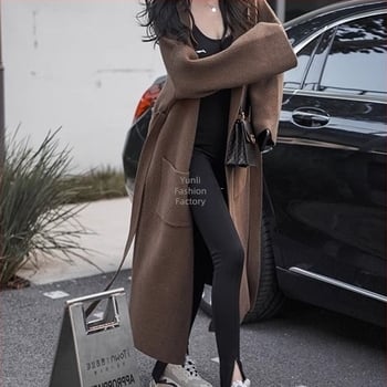 Μακρύς πλεκτός cardigan με γιακά τύπου σακάκι, μανίκια τύπου πριγκίπισσα, χαλαρή γραμμή, ύφασμα TR, PVC 50-70% περιεκτικότητα