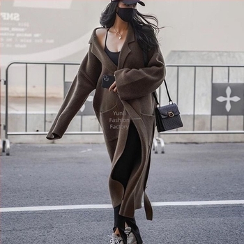 Μακρύς πλεκτός cardigan με γιακά τύπου σακάκι, μανίκια τύπου πριγκίπισσα, χαλαρή γραμμή, ύφασμα TR, PVC 50-70% περιεκτικότητα