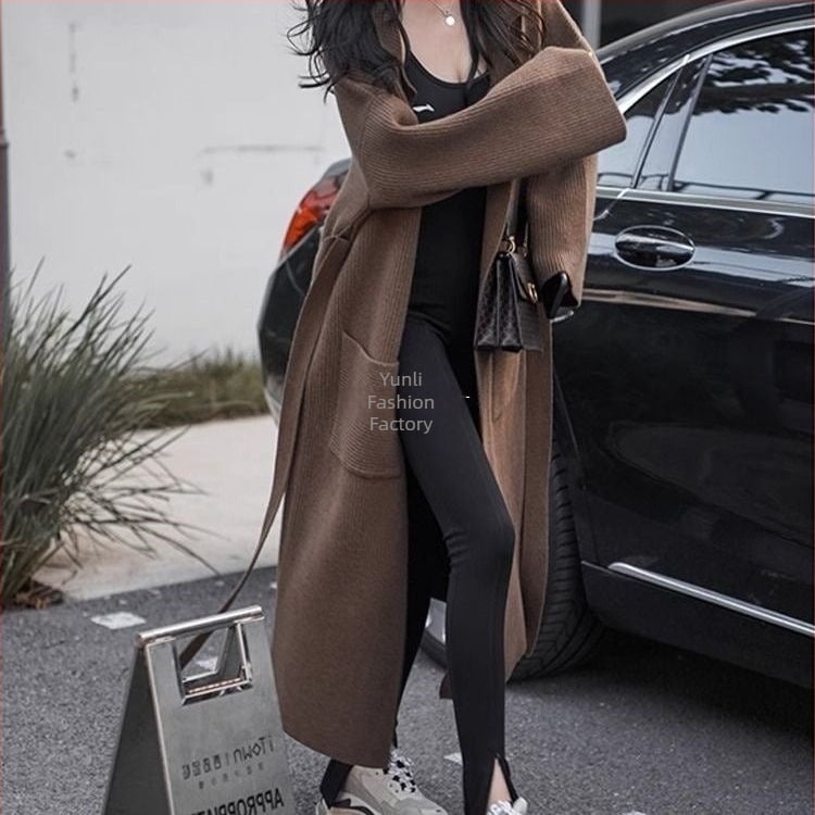 Μακρύς πλεκτός cardigan με γιακά τύπου σακάκι, μανίκια τύπου πριγκίπισσα, χαλαρή γραμμή, ύφασμα TR, PVC 50-70% περιεκτικότητα