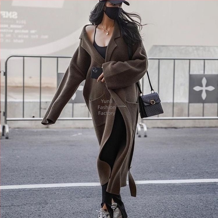 Μακρύς πλεκτός cardigan με γιακά τύπου σακάκι, μανίκια τύπου πριγκίπισσα, χαλαρή γραμμή, ύφασμα TR, PVC 50-70% περιεκτικότητα