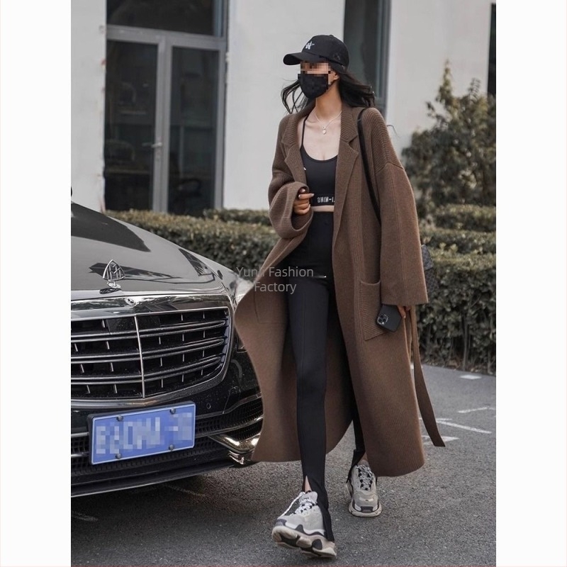 Μακρύς πλεκτός cardigan με γιακά τύπου σακάκι, μανίκια τύπου πριγκίπισσα, χαλαρή γραμμή, ύφασμα TR, PVC 50-70% περιεκτικότητα