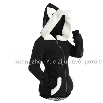 Γυναικείο plush φούτερ με κουκούλα και αυτιά γάτας, αντίθεση ραφές, πολυεστέρας, μακριά μανίκια, φερμουάρ, μεσαίο μήκος