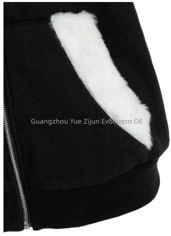 Γυναικείο plush φούτερ με κουκούλα και αυτιά γάτας, αντίθεση ραφές, πολυεστέρας, μακριά μανίκια, φερμουάρ, μεσαίο μήκος