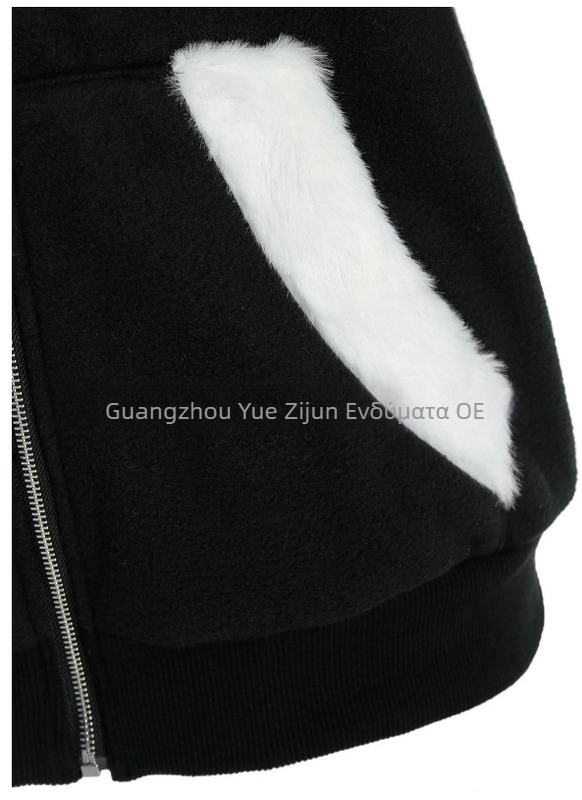 Γυναικείο plush φούτερ με κουκούλα και αυτιά γάτας, αντίθεση ραφές, πολυεστέρας, μακριά μανίκια, φερμουάρ, μεσαίο μήκος