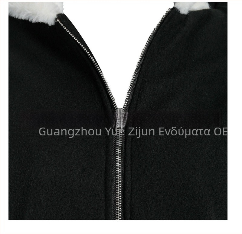 Γυναικείο plush φούτερ με κουκούλα και αυτιά γάτας, αντίθεση ραφές, πολυεστέρας, μακριά μανίκια, φερμουάρ, μεσαίο μήκος