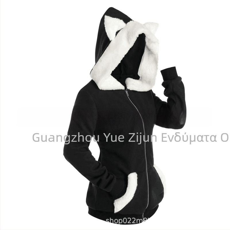 Γυναικείο plush φούτερ με κουκούλα και αυτιά γάτας, αντίθεση ραφές, πολυεστέρας, μακριά μανίκια, φερμουάρ, μεσαίο μήκος