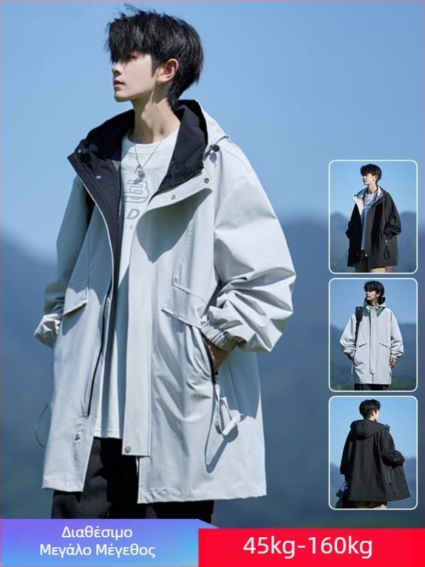 Ανδρικό μακρύ trench coat, χαλαρή γραμμή, φερμουάρ, επένδυση από πολυεστέρα, πλαϊνές τσέπες, σταθερός γιακά