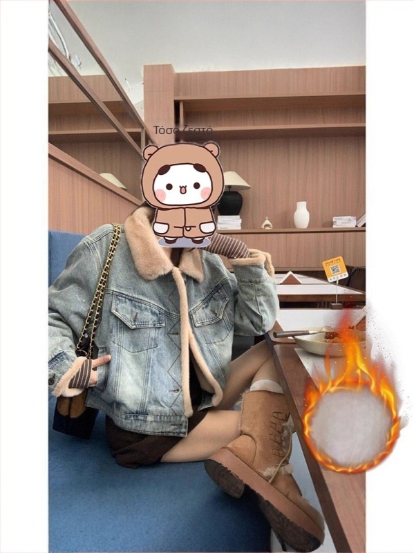 Τζάκετ με πάνελ από τζίν και fleece επένδυση, μακριά μανίκια, polo γιακά, άνετη εφαρμογή, βαμβακερό ύφασμα 30–50%