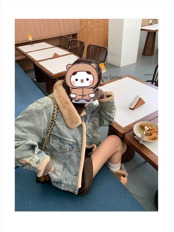 Τζάκετ με πάνελ από τζίν και fleece επένδυση, μακριά μανίκια, polo γιακά, άνετη εφαρμογή, βαμβακερό ύφασμα 30–50%