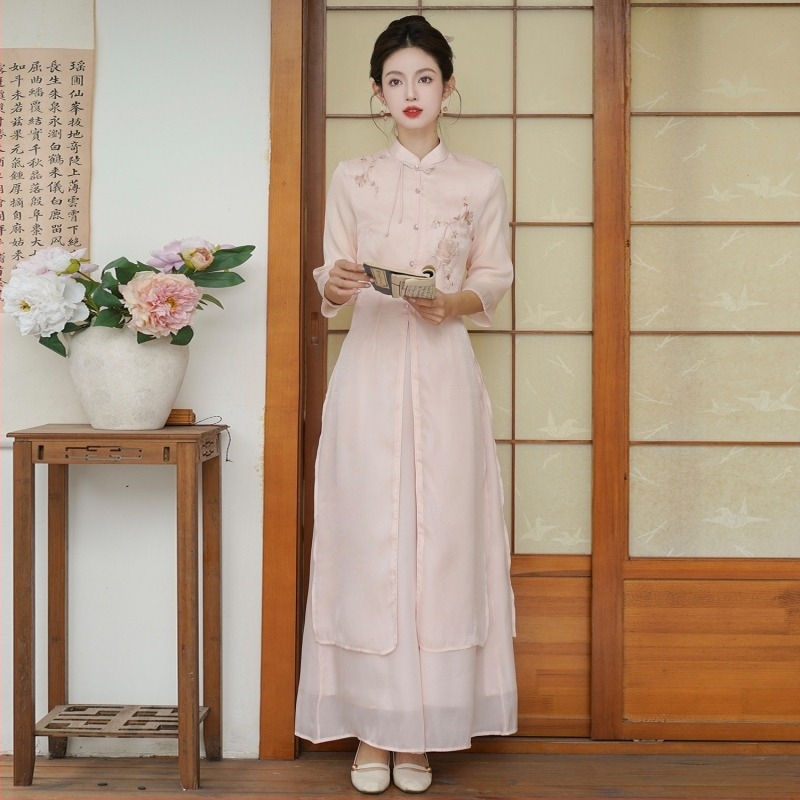 Σετ κινεζικού στυλ με κέντημα για τσάι και παντελόνια με ελαστική μέση, μεσαίου μήκους, 3/4 μανίκια, καθημερινό Zen εμπνευσμένο (Υλικό: βαμβαωδώς νήματα; Κύριο Υλικό: δέρμα κατσίκας; Έτος/Σεζόν: Καθολικό μοντέλο)