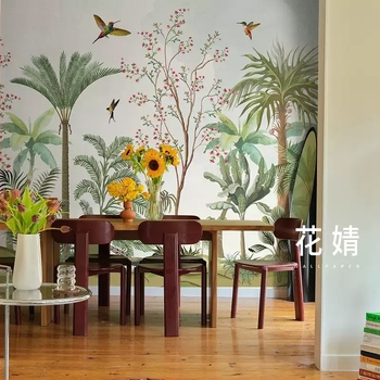 Κάλυψη τοίχου - Ταπετσαρία με γαλλικά λουλούδια και πουλιά, τροπικά φυτά για υπνοδωμάτιο και σαλόνι, διακοσμητικό στυλ: μοτίβο, εγκατάσταση διαθέσιμη, μάρκα Dimension