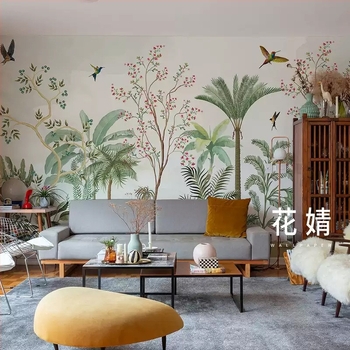 Κάλυψη τοίχου - Ταπετσαρία με γαλλικά λουλούδια και πουλιά, τροπικά φυτά για υπνοδωμάτιο και σαλόνι, διακοσμητικό στυλ: μοτίβο, εγκατάσταση διαθέσιμη, μάρκα Dimension