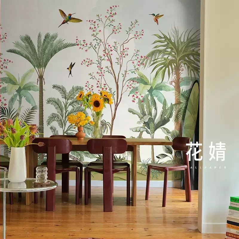 Κάλυψη τοίχου - Ταπετσαρία με γαλλικά λουλούδια και πουλιά, τροπικά φυτά για υπνοδωμάτιο και σαλόνι, διακοσμητικό στυλ: μοτίβο, εγκατάσταση διαθέσιμη, μάρκα Dimension