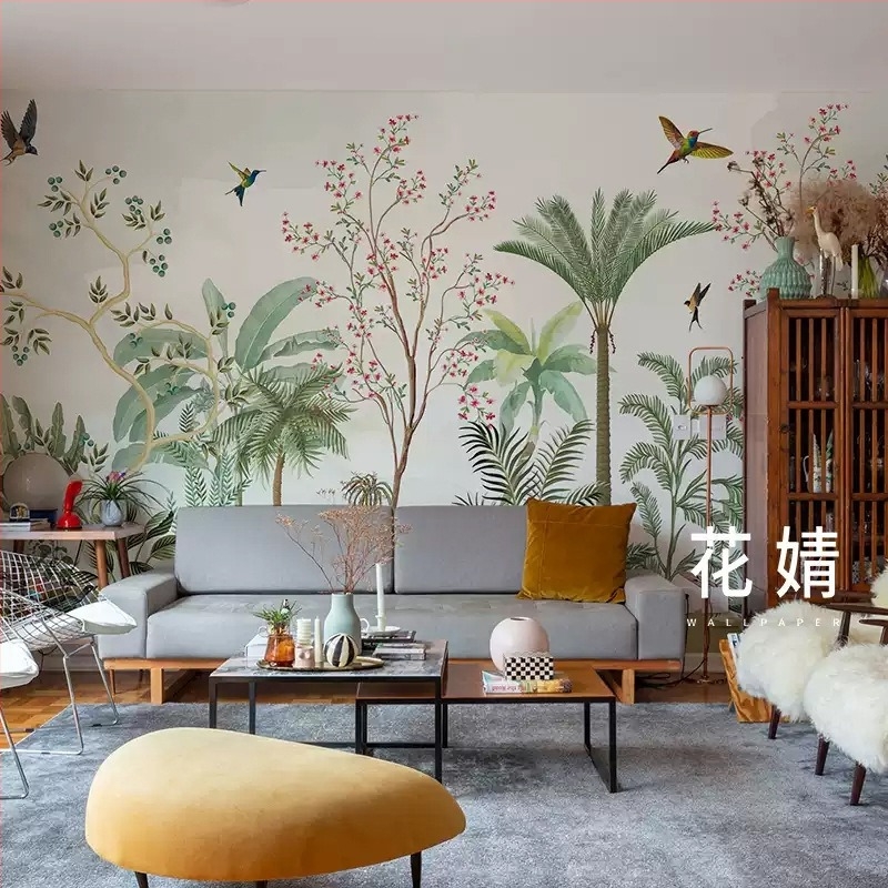 Κάλυψη τοίχου - Ταπετσαρία με γαλλικά λουλούδια και πουλιά, τροπικά φυτά για υπνοδωμάτιο και σαλόνι, διακοσμητικό στυλ: μοτίβο, εγκατάσταση διαθέσιμη, μάρκα Dimension
